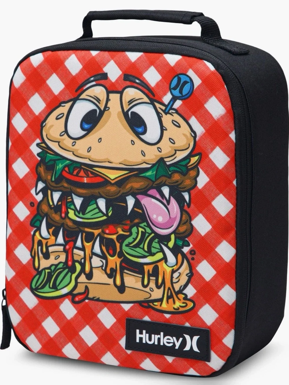 Hurley Boys Graphic Insulated Lunch Box Bag Burger Monster Red Gingham NWT